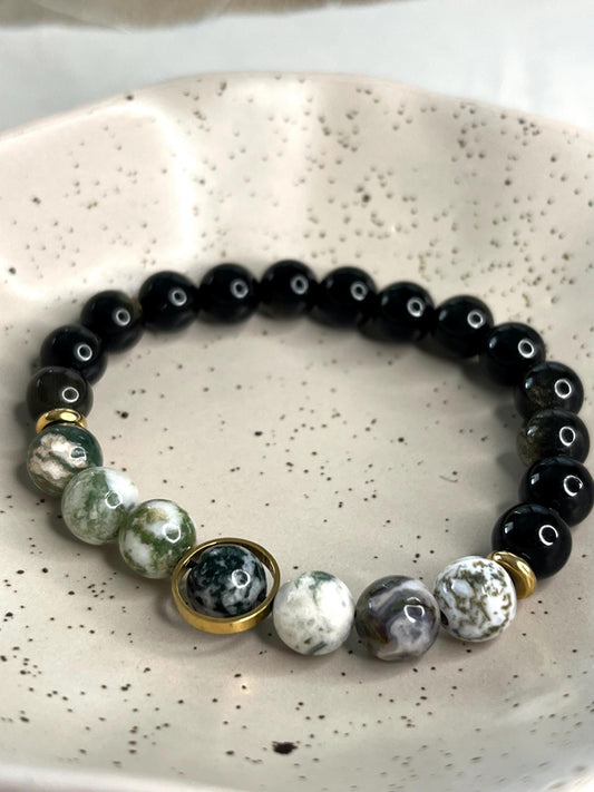 Modèle ”Giovanna” Pierre d’Onyx Noir et d’Agate “Arbre” 8mm