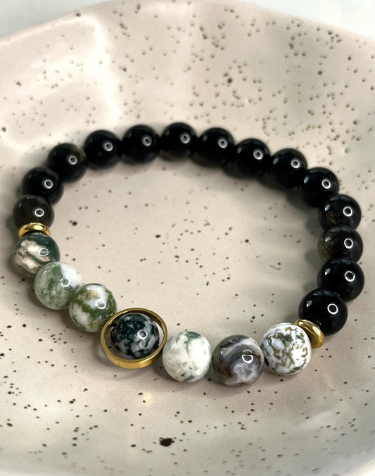 Modèle ”Giovanna” Pierre d’Onyx Noir et d’Agate “Arbre” 8mm