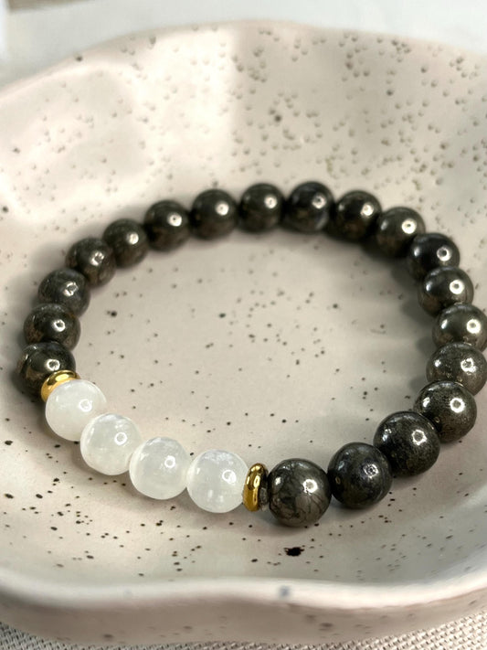 Modèle ”Gabriele” Pierre de Pyrite et Sélénite 8mm